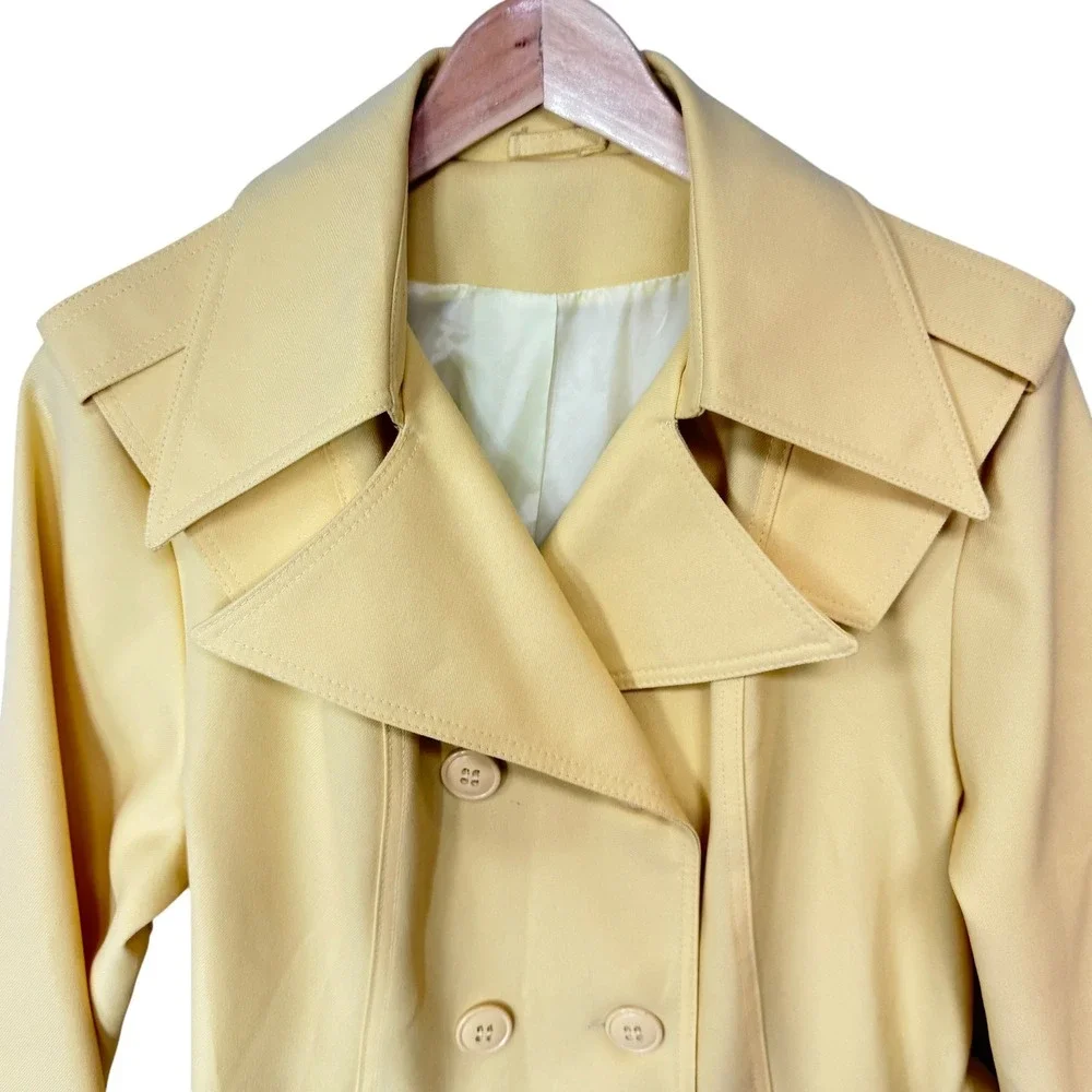 Vintage Yellow Double Breasted Trench Coat Belted Mod Oversized Collar‎ Size 10